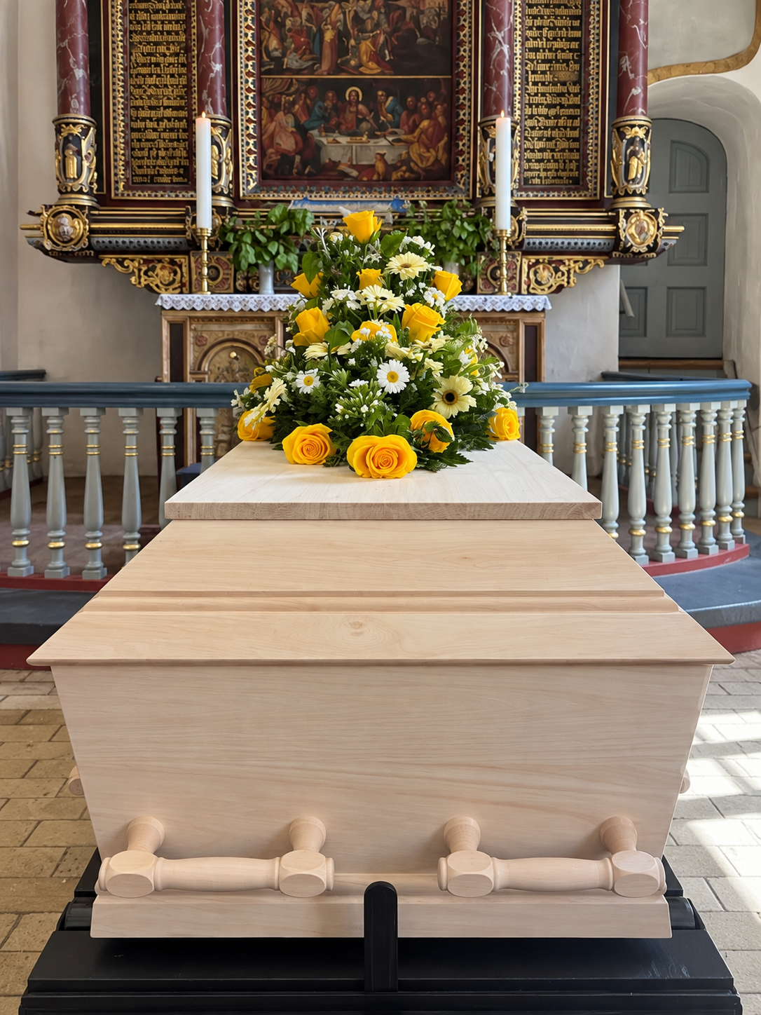 danskproduceret kiste i kirke